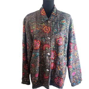 Chicos Design Multicolor Floral Silk Blend Embroidered Beaded Jacket Size 3